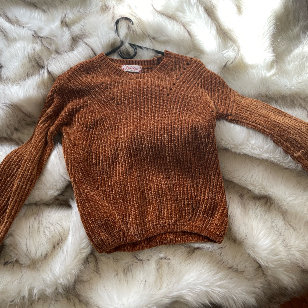Pink Rose Rust Brown Chenille Crewneck Sweater